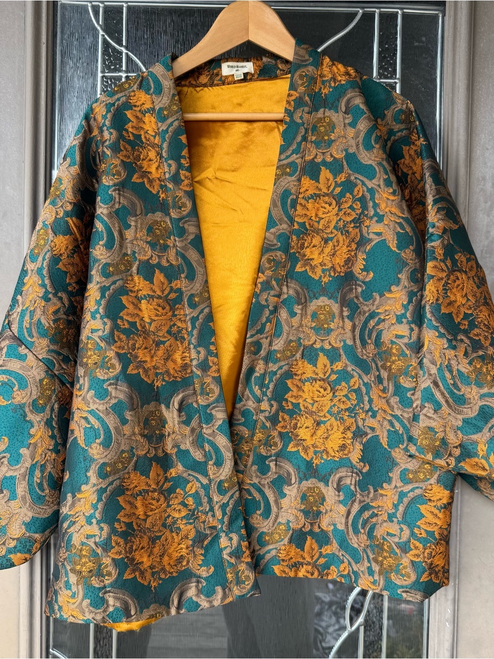 Cost Plus World Market Teal and Mustard Floral Lined Jacket Kimono inspired